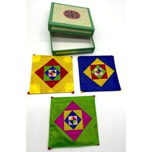 Korean Patchwork Fabric silk Drink Coasters Bright Colors Set of 3 in Gift Box